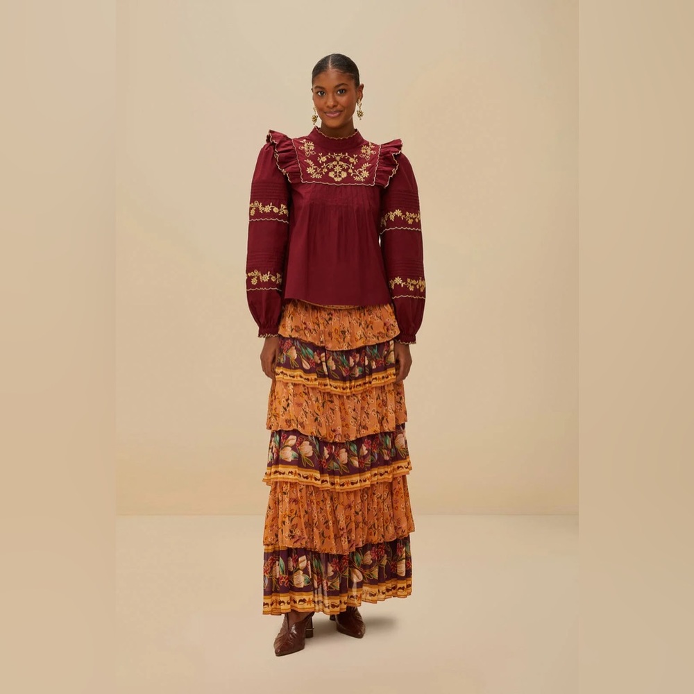 FARM RIO Colorful Birds Camel Ruffles Midi Skirt